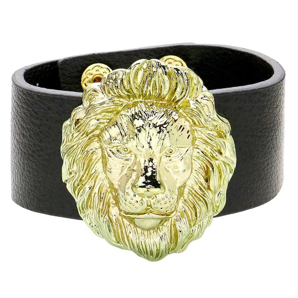 Gold Lion Accented Leather Snap Button Bracelet